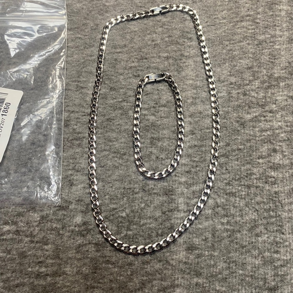 New Mens Stainless Steel Curb Chain 20" Necklace and 8" Bracelet Set Silver Tone
